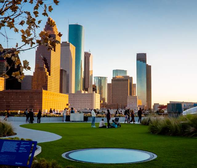 People In A Houston Park With The City In The Background.